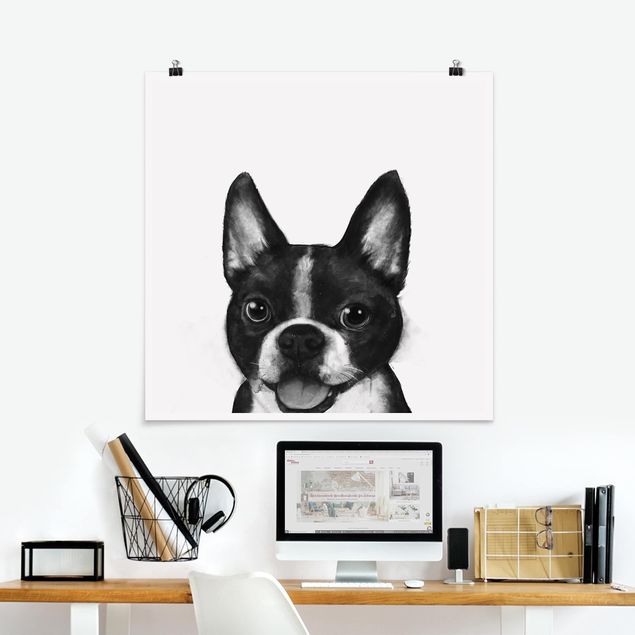 Poster - Illustration Hund Boston Schwarz Weiß Malerei - Quadrat 1:1