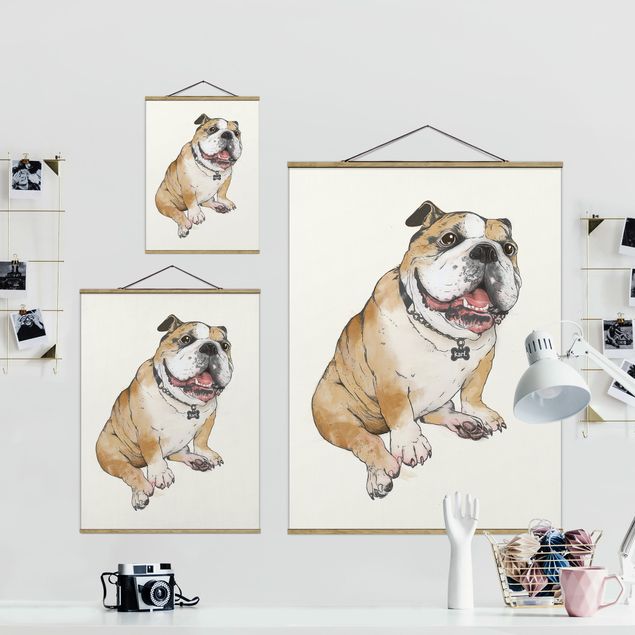 Stoffbild mit Posterleisten - Laura Graves - Illustration Hund Bulldogge Malerei - Hochformat 3:4