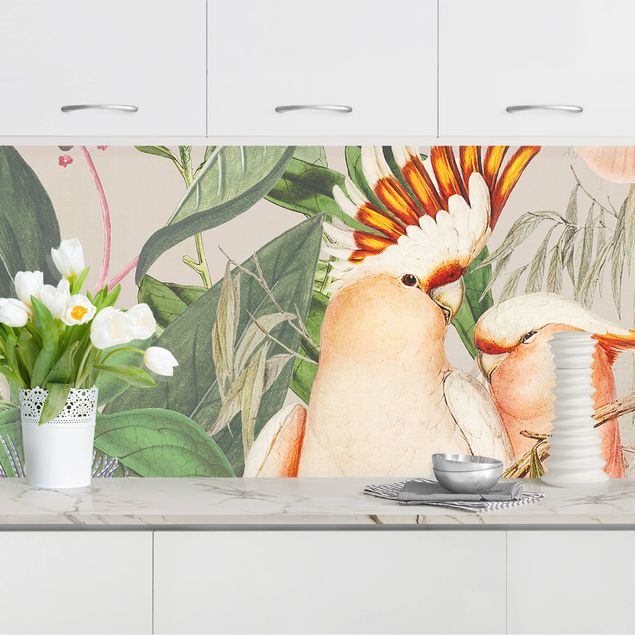 Platte Küchenrückwand Colonial Style Collage - Rosa Kakadu