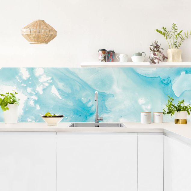 Küche Wandpaneel Emulsion in weiß und türkis I