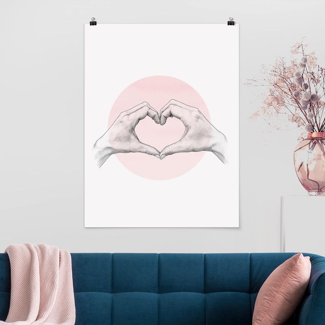 Moderne Poster Illustration Herz Hände Kreis Rosa Weiß