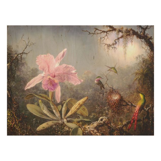 Vintage Bilder Holz Martin Johnson Heade - Orchidee und drei Kolibris
