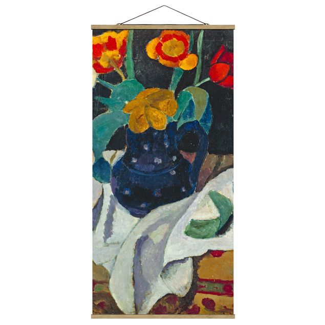 Stoffbild mit Posterleisten - Paula Modersohn-Becker - Stillleben mit Tulpen - Hochformat 1:2