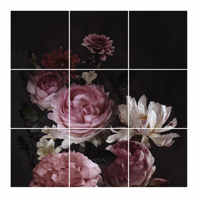 Fliesenbilder Rosa Blumen auf Schwarz