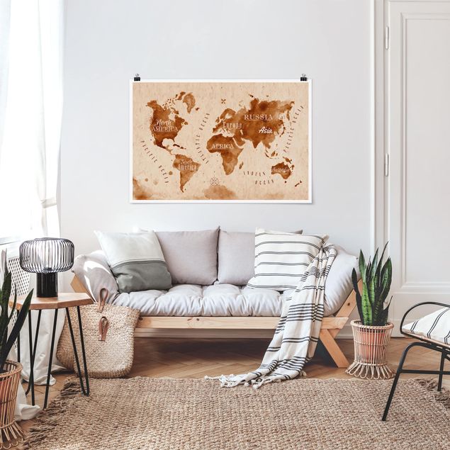 Moderne Poster Weltkarte Aquarell beige braun