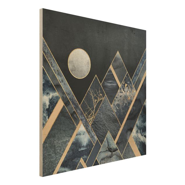 Holzbild - Goldener Mond abstrakte schwarze Berge - Quadrat 1:1