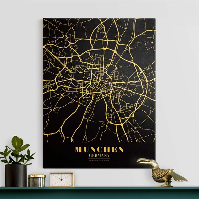 Leinwandbild Gold - Stadtplan München - Klassik Schwarz - Hochformat 3:4