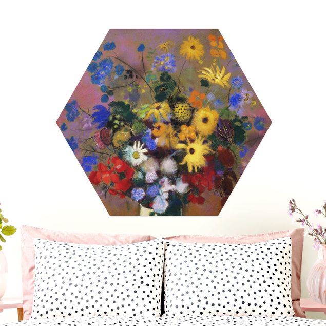 Hexagon Bild Alu-Dibond - Odilon Redon - Blumen in einer Vase