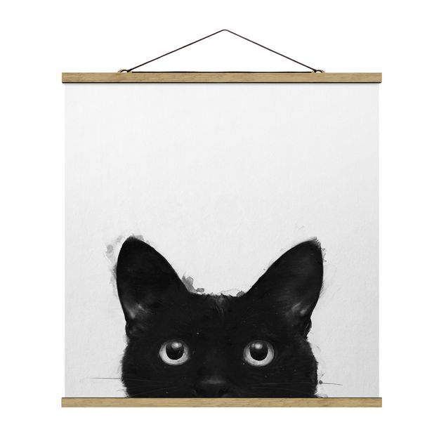Stoffbild mit Posterleisten - Laura Graves - Illustration Schwarze Katze auf Weiß Malerei - Quadrat 1:1