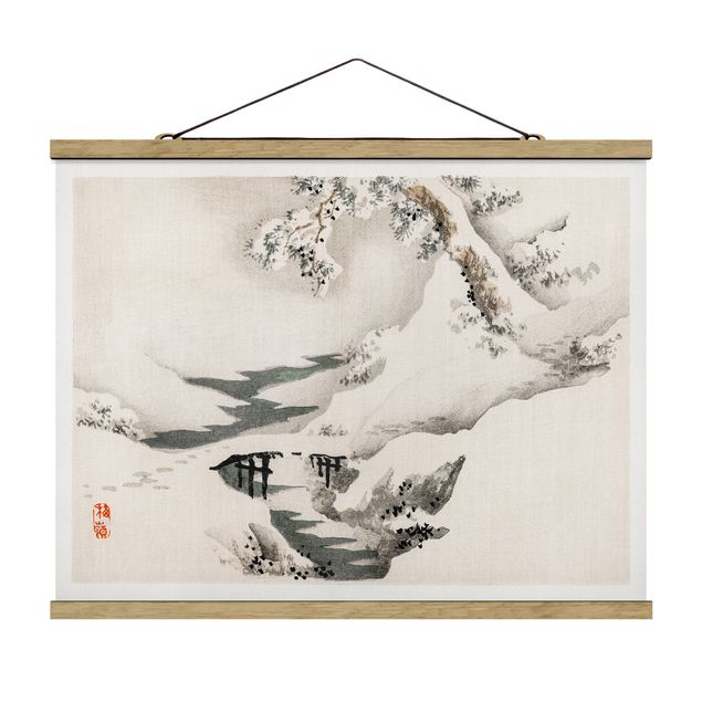 Stoffbild mit Posterleisten - Asiatische Vintage Zeichnung Winterlandschaft - Querformat 4:3