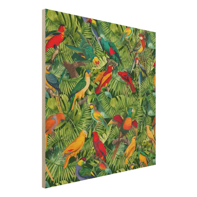 Holzbilder Blumen Bunte Collage - Papageien im Dschungel