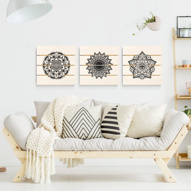 Holzbilder Mandala Blüte Sonne Illustration Set Schwarz Weiß