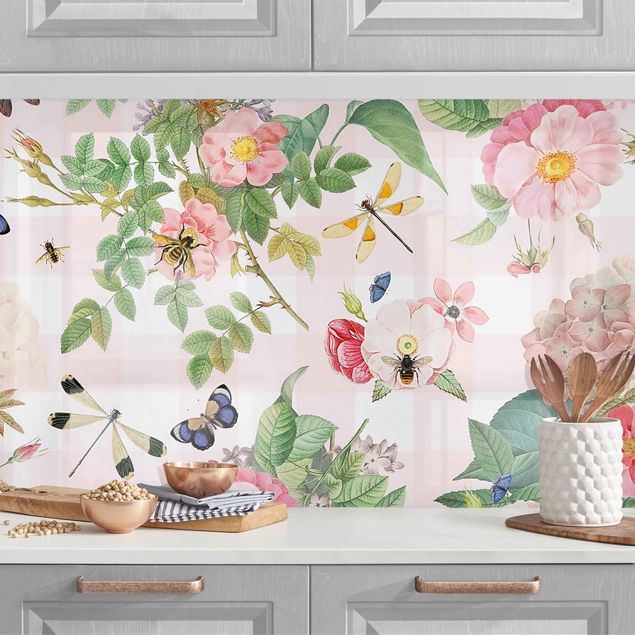 Platte Küchenrückwand Schmetterlinge mit rosa Blumen