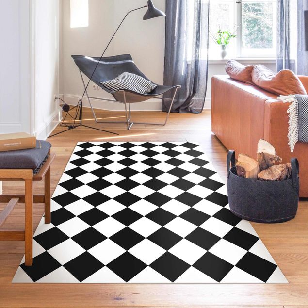 Teppich Outdoor Geometrisches Muster gedrehtes Schachbrett Schwarz Weiß