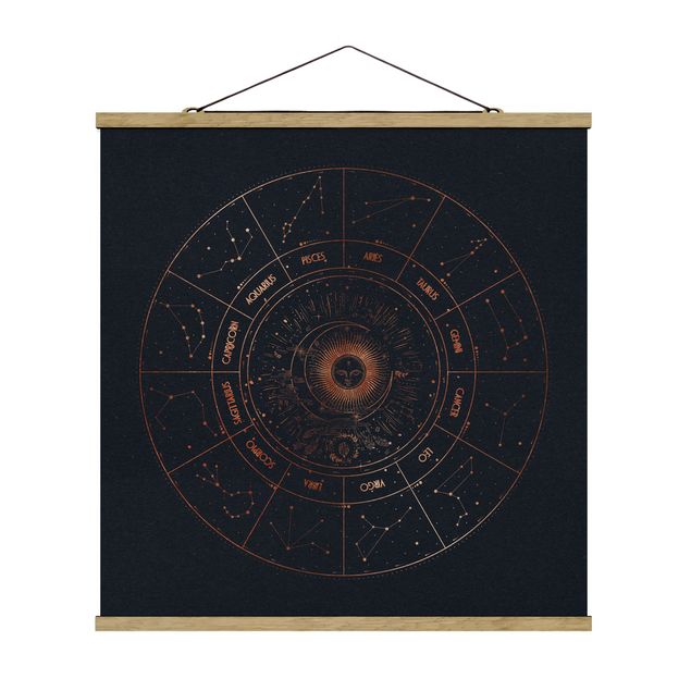 Stoffbild mit Posterleisten - Astrologie Die 12 Sternzeichen Blau Gold - Quadrat 1:1
