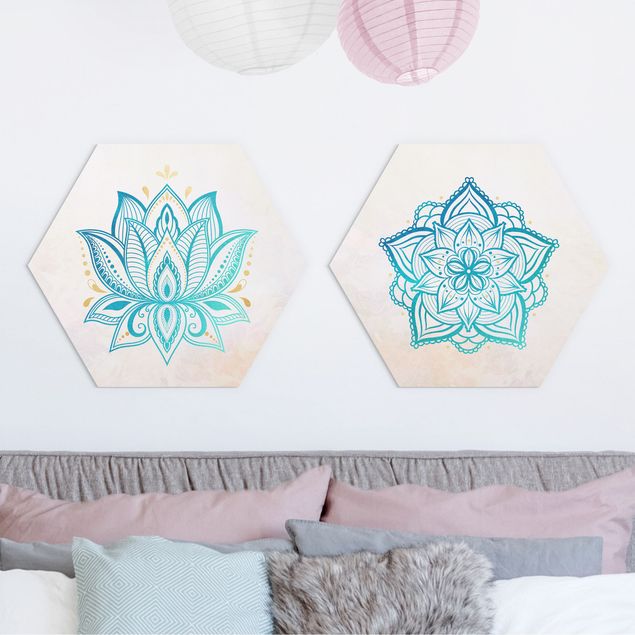 schöne Bilder Mandala Lotus Set Gold Blau