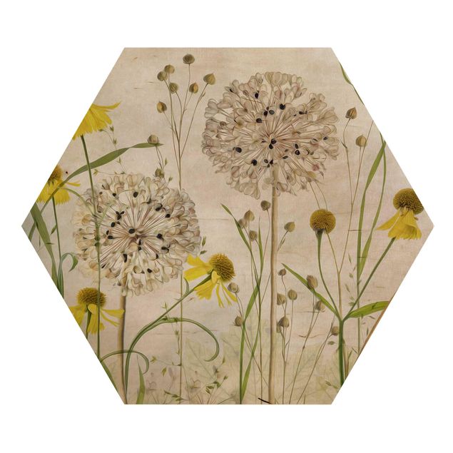 Hexagon Bild Holz - Allium und Helenium Illustration