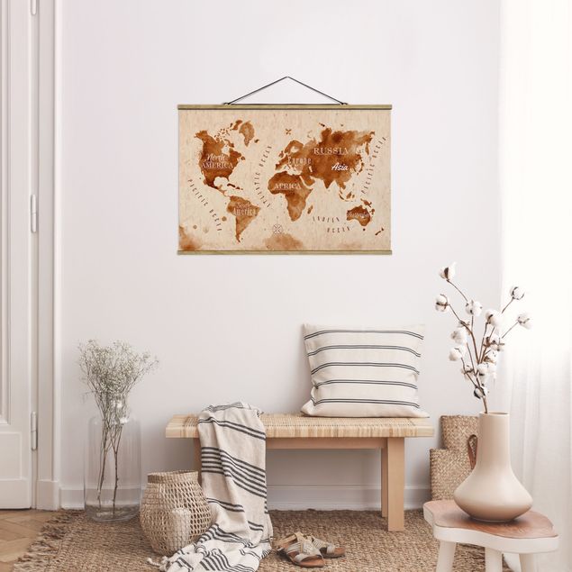 Stoffbilder mit Posterleisten Aquarelloptik Weltkarte beige braun