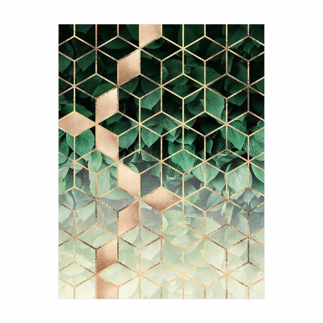 Teppich abstrakt Grüne Blätter goldene Geometrie