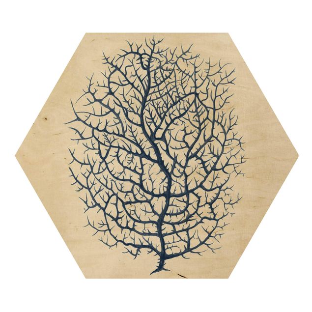 Hexagon Bild Holz - Indigo Koralle I