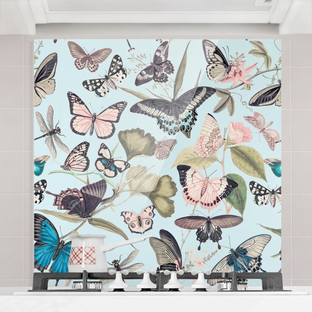 Glasrückwand Küche Blumen Vintage Collage - Schmetterlinge und Libellen