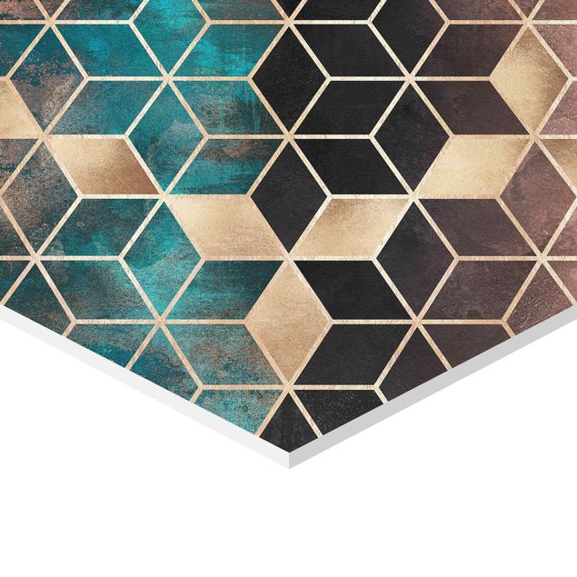 Hexagon Bild Forex 2-teilig - Elisabeth Fredriksson - Türkise Geometrie goldenes Art Deco Set