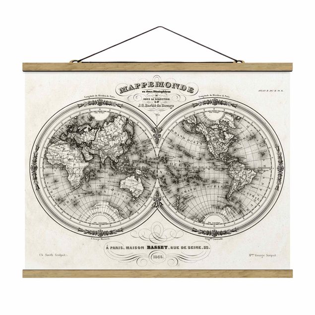 Stoffbild mit Posterleisten - Weltkarte - Französische Karte der Hemissphären von 1848 - Querformat 4:3