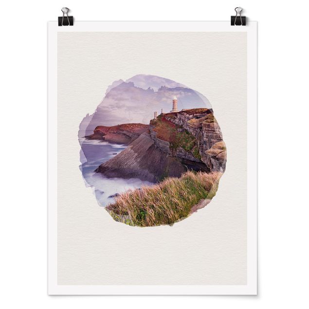 Poster - Wasserfarben - Steilküste und Leuchtturm - Hochformat 4:3