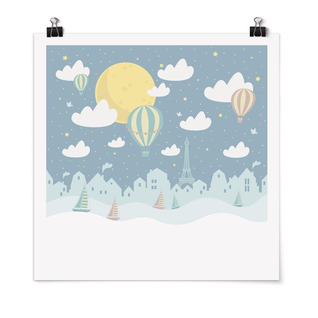 Poster - Paris mit Sternen und Heißluftballon - Quadrat 1:1