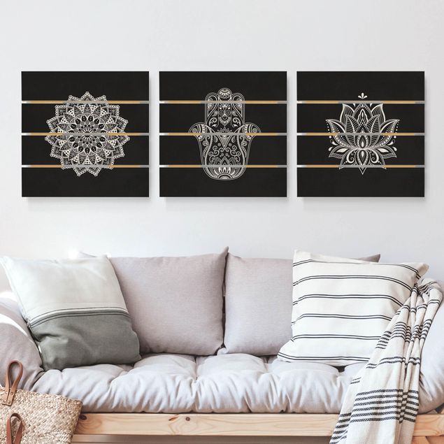 Holzbilder Muster Mandala Hamsa Hand Lotus Set auf Schwarz