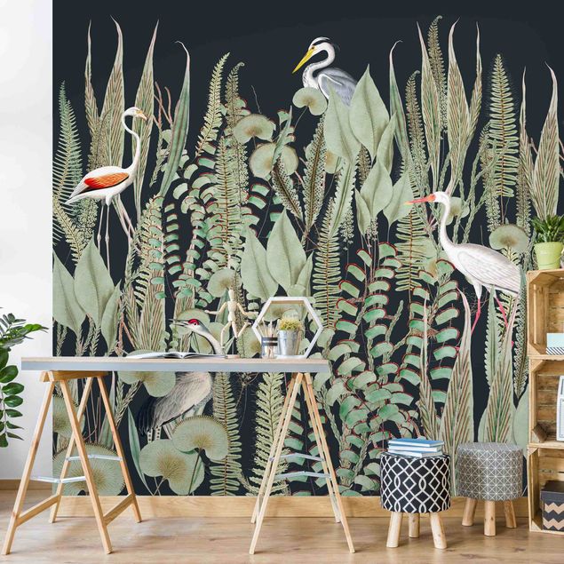 Tapete selbstklebend - Flamingo und Storch mit Pflanzen auf Grün - Fototapete Querformat