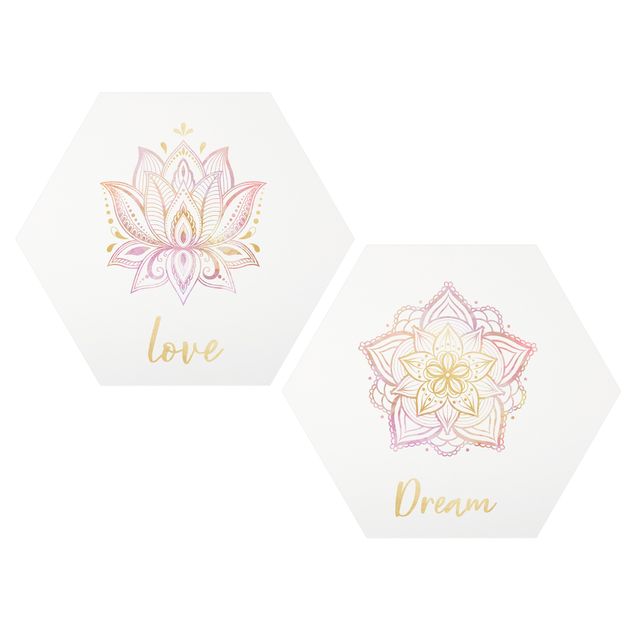 Hexagon Bild Alu-Dibond 2-teilig - Mandala Dream Love Set Gold Rosa