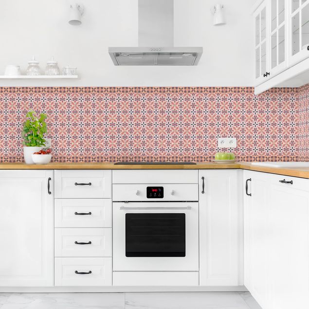 Wandpaneele Küche Geometrischer Fliesenmix Blüte Orange