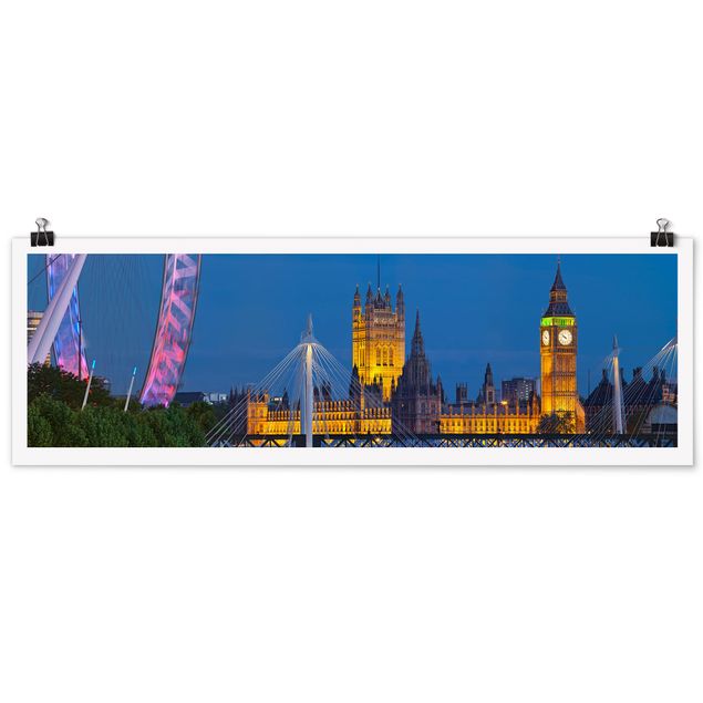 Poster - Big Ben und Westminster Palace in London bei Nacht - Panorama Querformat