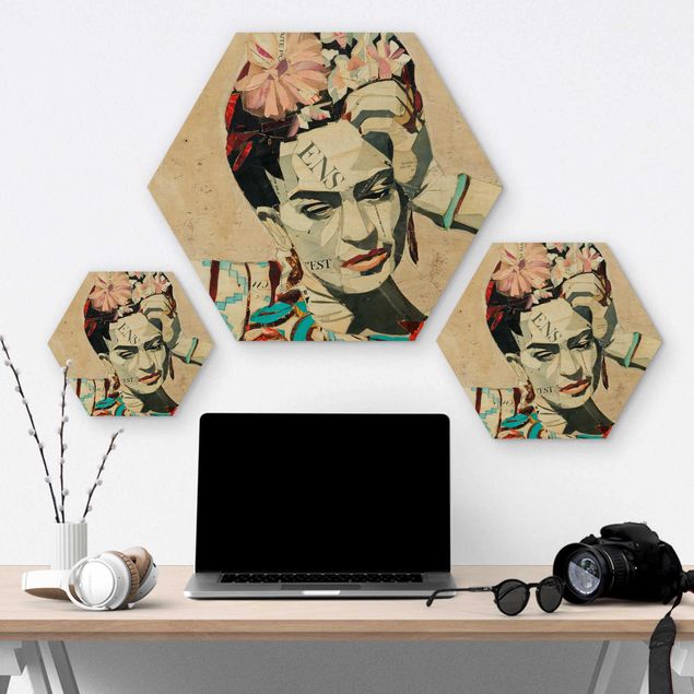 Hexagon Bild Holz - Frida Kahlo - Collage No.1