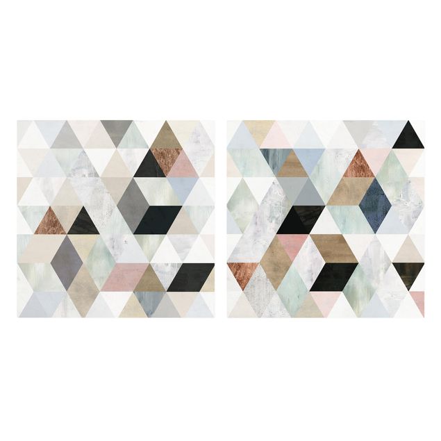 Leinwandbild 2-teilig - Aquarell-Mosaik mit Dreiecken Set I - Quadrate 1:1