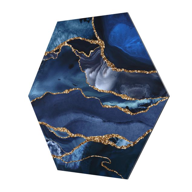 Hexagon Bild Alu-Dibond - Goldene Glitzer Wellen vor Blau