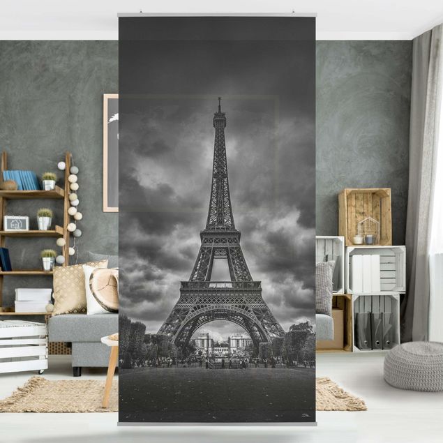 Raumtrenner Vorhang Eiffelturm vor Wolken schwarz-weiß