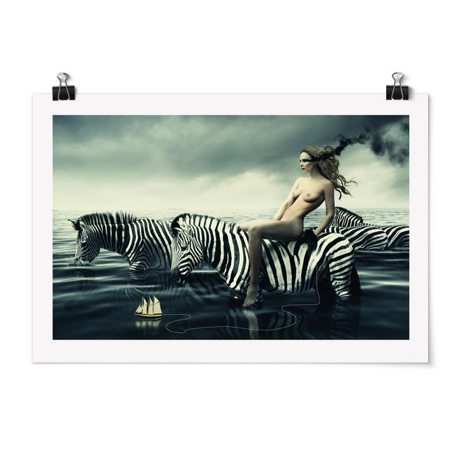 Poster - Frauenakt mit Zebras - Querformat 2:3