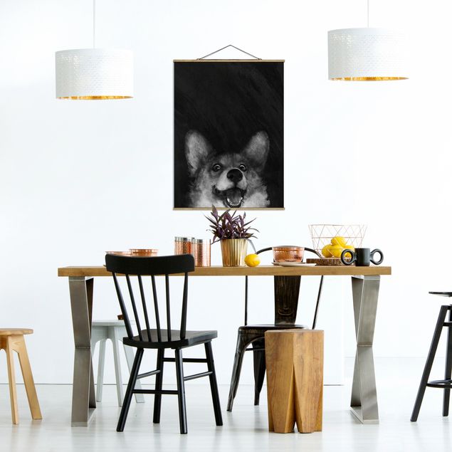 Stoffbilder mit Posterleisten Illustration Hund Corgi Malerei Schwarz Weiß