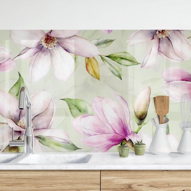 Platte Küchenrückwand Magnolien Illustration auf Mint