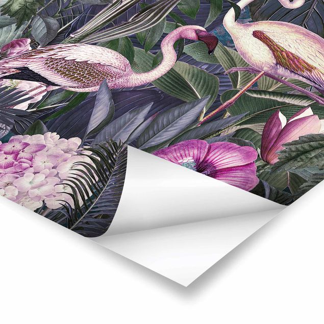 Poster - Bunte Collage - Pinke Flamingos im Dschungel - Hochformat 4:3