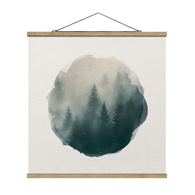 Stoffbild mit Posterleisten - Wasserfarben - Nadelwald im Nebel - Quadrat 1:1