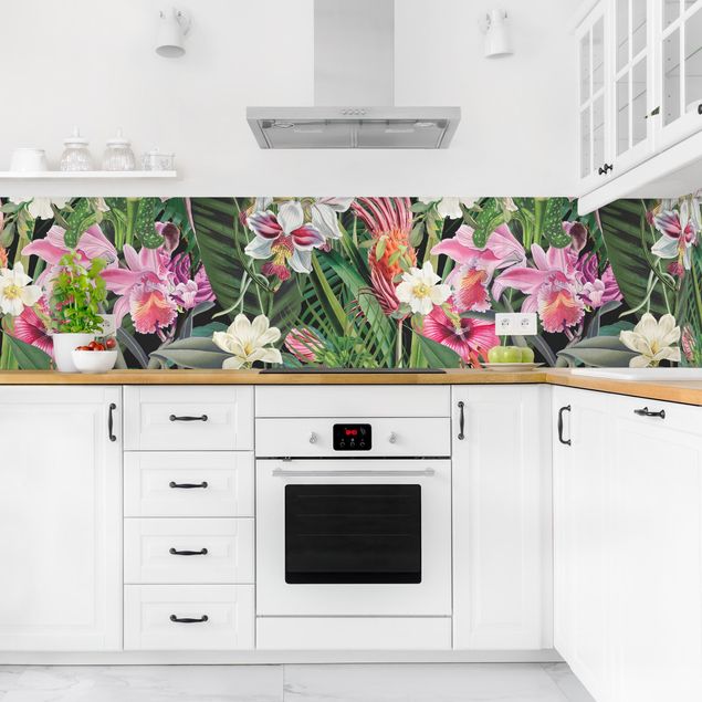 Küche Wandpaneel Bunte tropische Blumen Collage II