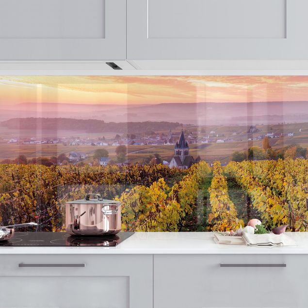 Platte Küchenrückwand Weinplantage bei Sonnenuntergang