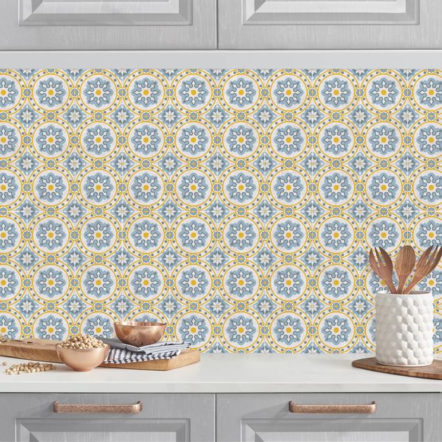 Platte Küchenrückwand Florale Fliesen blau-gelb