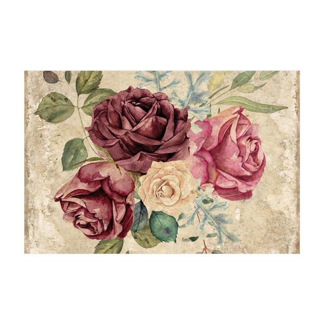 Vinyl Teppich Fliesenoptik Vintage Rosen und Hortensien
