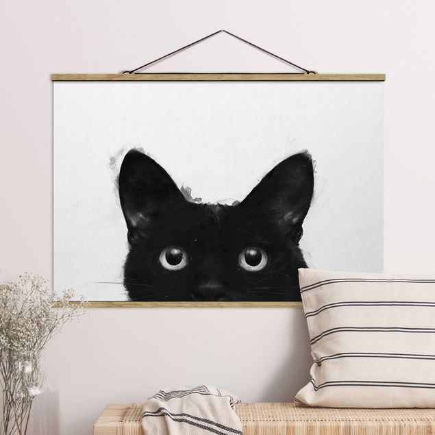 Stoffbild mit Posterleisten - Laura Graves - Illustration Schwarze Katze auf Weiß Malerei - Querformat 3:2