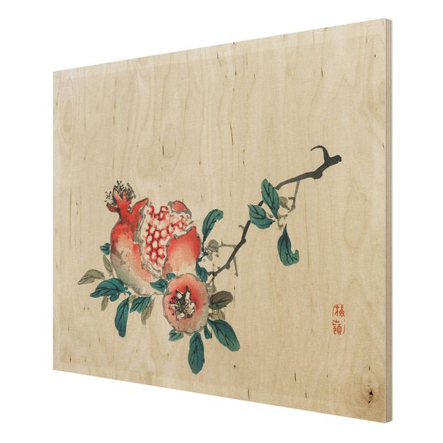 Wandbild Holz Asiatische Vintage Zeichnung Granatapfel