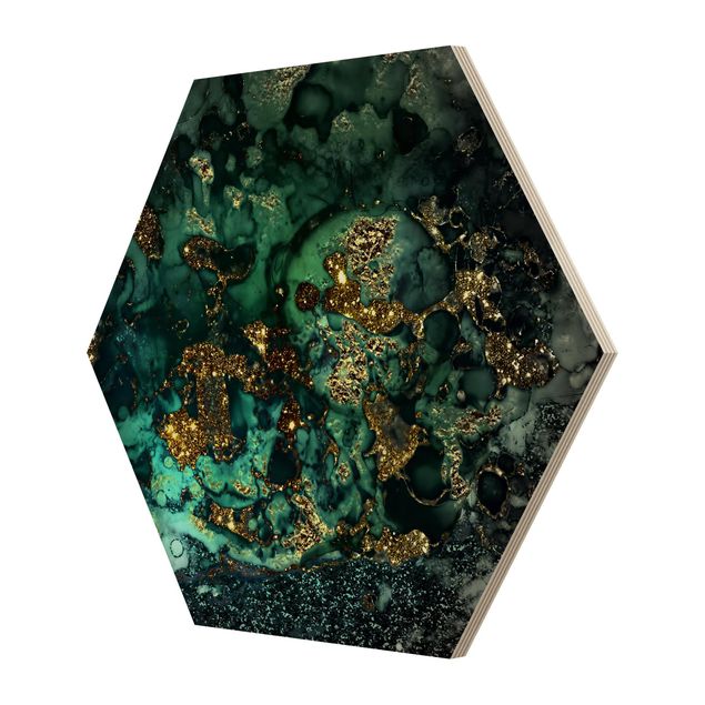Hexagon Bild Holz - Goldene Meeres-Inseln Abstrakt